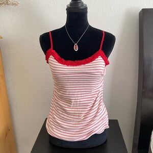 Red and white striped tank top with red lace trim and adjustable straps